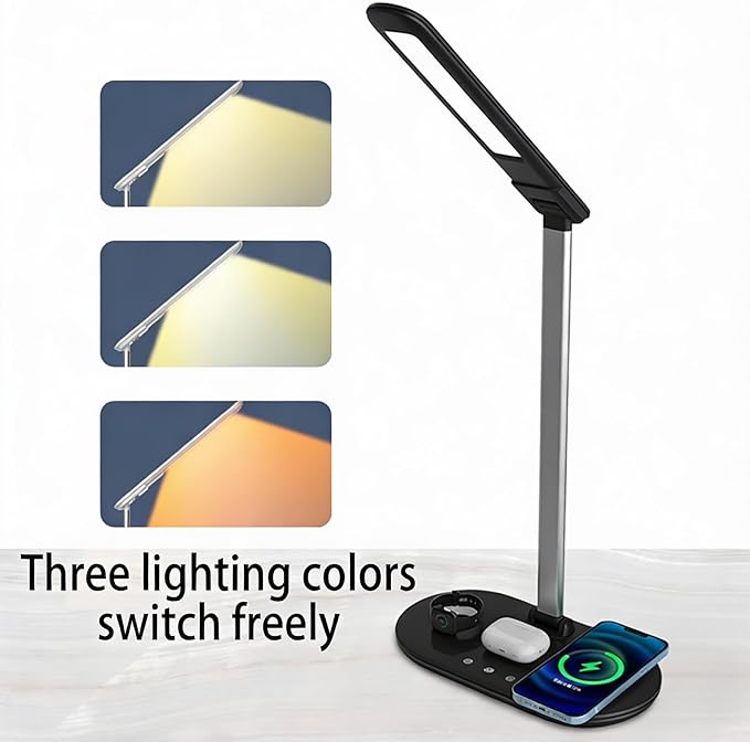 3-in-1 Wireless Charging Desk Lamp,15W Qi Fast Charger for Phone/Watch/Earbuds,Adjustable LED Light with 3 Colors & Stepless Dimming,Flexible Gooseneck,Touch Panel,HYT2096 Black.