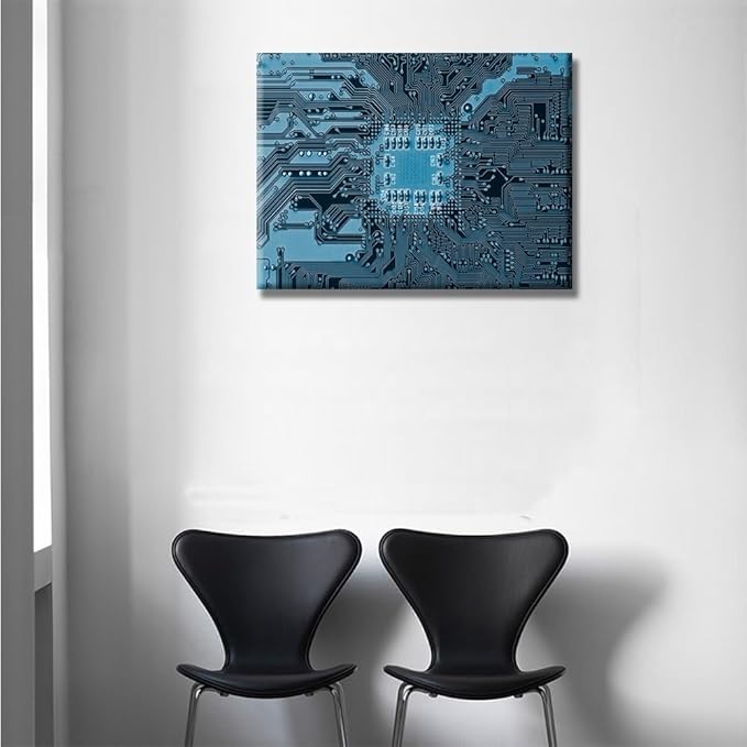 Digital Age Wall Art for Living Room CPU Concept Wall Painting Electronic Board Canvas Wall Art Technology Contemporary Home Decor 1 Panels Blue Electronic Circuit Inside Picture Framed 12X16 INCH
