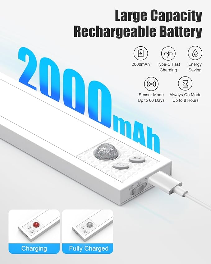 Under Cabinet Motion Sensor Lighting - 16 Inch Wireless Under Cabinet Lighting, Rechargeable with Magnetic Mount, 5CCT Adjustable for Kitchen/Hallway (White, 2-Pack)