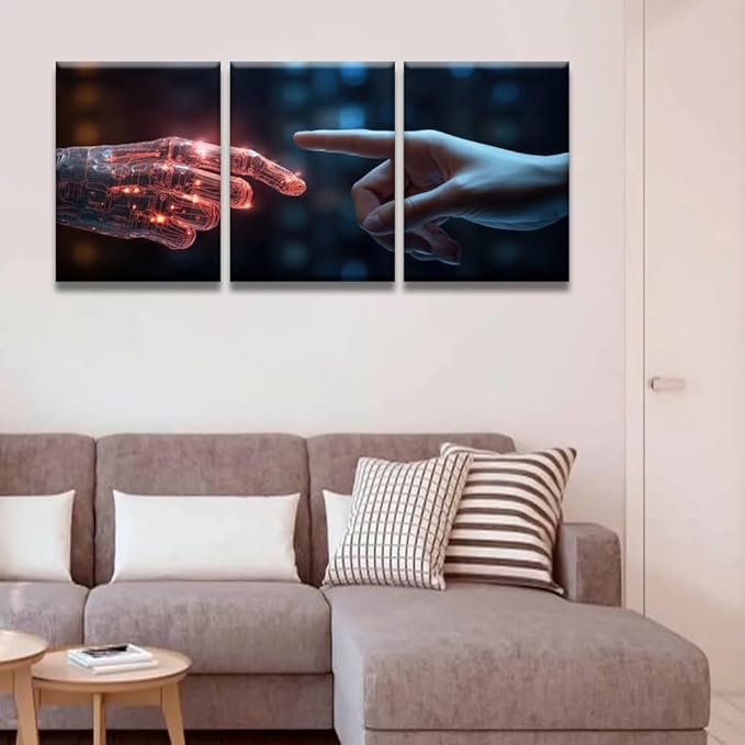 LSIUHWUWI Modern Wall Art 3 Panel The Human Finger touches the Robot's Finger Picture Prints on Canvas for Living Room Computer Room,Office Wall Decoration, Framed Ready to Hang 12x16inchx3