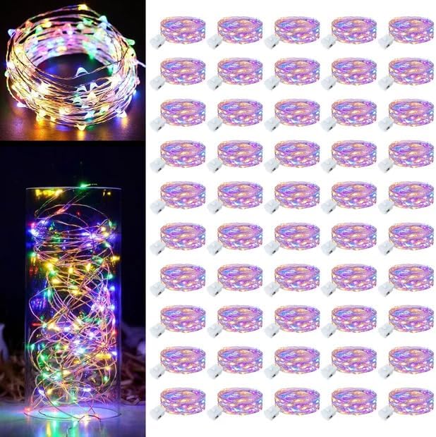 50Pack Fairy Lights Battery Operated, 7ft 20 LED 3 Modes Speed Twinkle Mini String Lights Waterproof Silver Wire Firefly Starry Lights for Mason Jars Wedding Party Christmas Decorations