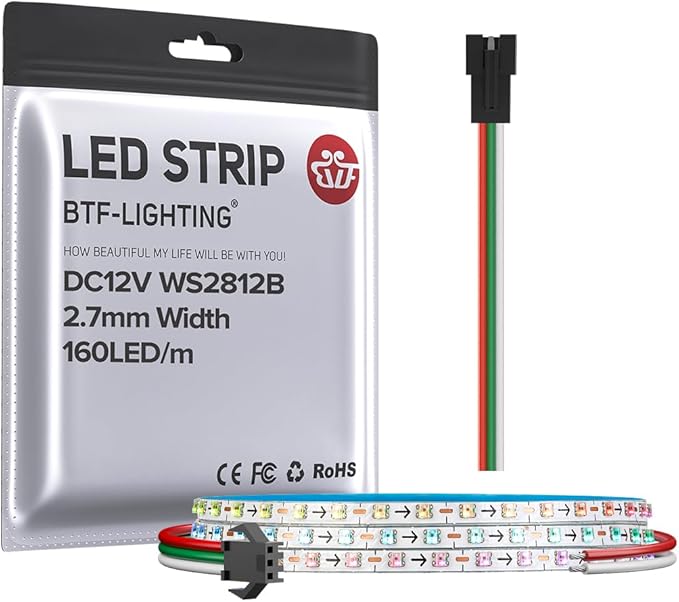 BTF-LIGHTING WS2812B IC RGB 2.7mm Ultra Narrow LED Strip 0807SMD DC12V Individually Addressable 3.2FT 160Pixels/m 160LED Dream Color Tape Light for Home DIY Decoration IP30 (No Adapter or Controller)