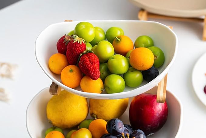 3 Tier Fruit Bowl Stand with Bamboo Frame and White Porcelain Bowls, Elegant Countertop Organizer for Fruits, Snacks and Desserts, Stylish Kitchen and Dining Decor
