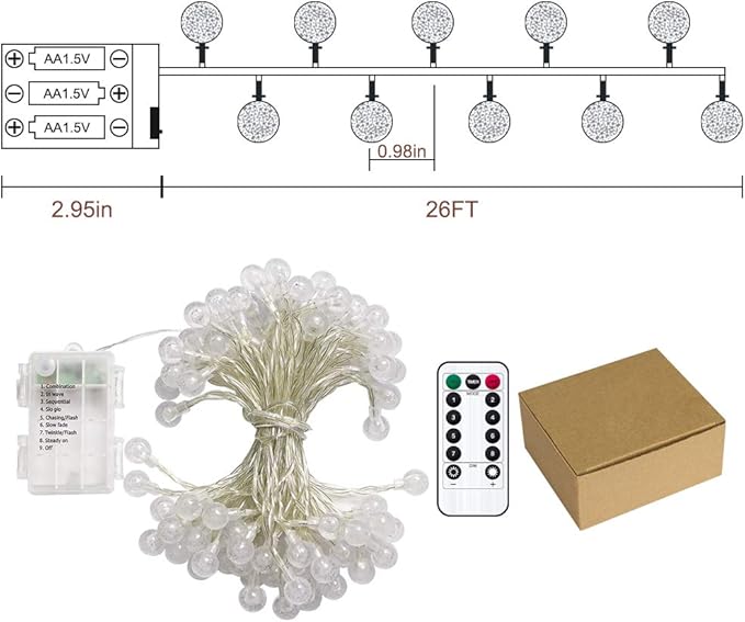 Metaku Outdoor String Lights Battery Operated 26ft 60LED Fairy Lights with Remote Waterproof Indoor Outdoor Hanging Globe Decorative for Patio Gazebo Bistro Garden Balcony