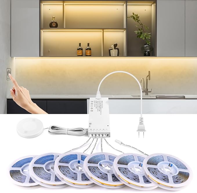 AIMENGTE 12V COB LED Cabinet Lights Strip, 6 x 3.3ft Touch Dimmable 3000K Lighting for Parallel Wood Slat Wall Panels, Display Cabinets, Wardrobes, Showcases, Shelves