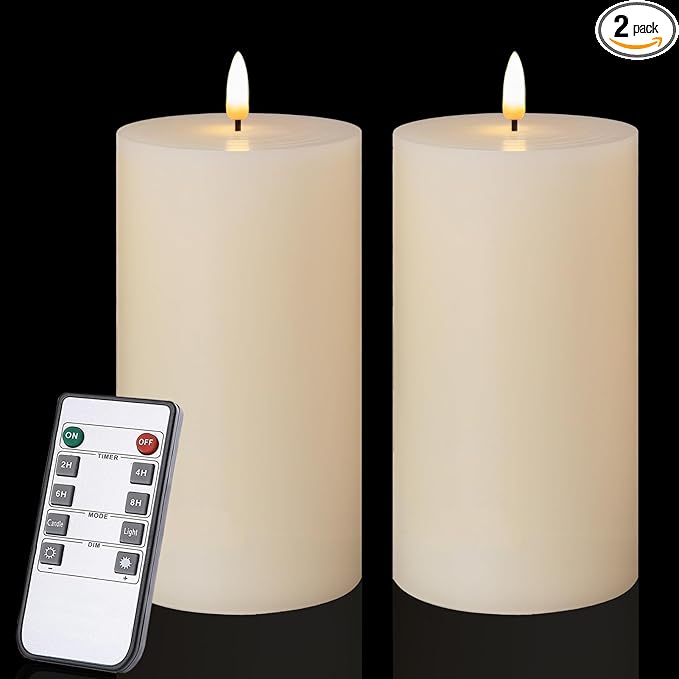 Flameless Candles Set of 2 (3x6 inch) Flickering LED Wax Candles Battery Operated with Remote Control Timers for Night Light/Fireplace/Party Dimmable Ivory Pillar Candles Flat top