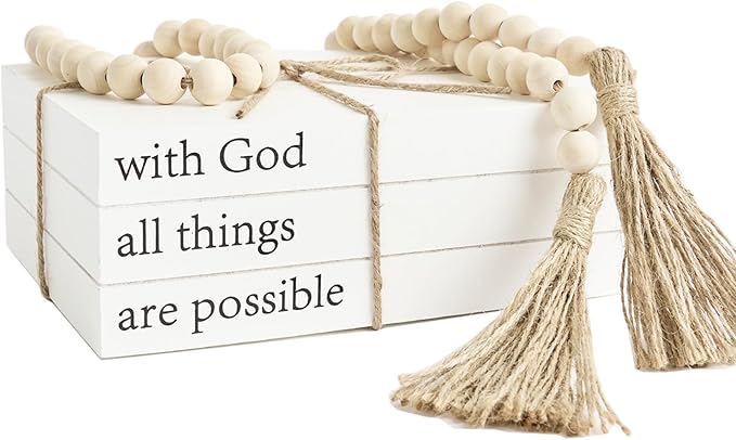 Decorative Books for Home Decor, White Faux Books for Decoration, Rustic Farmhouse Stacked Display Books (with God All Things are Possible)