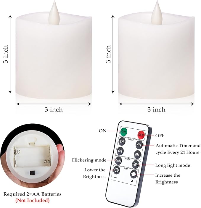 Flickering Flameless Candles Battery Operated with Remote Timer - Realistic 3D Moving Flame Candles, 600+ Hours Long-Lasting White LED Wax Candles for Wedding Home Decor, 3x3 Inch Set of 2