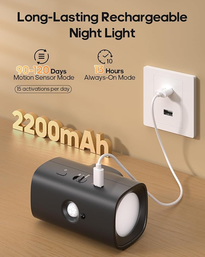 Rechargeable Night Light with Motion Sensor, 2200mah Battery Operated Warm White Motion Sensor Light Indoor, Magnetic Stick-on Light for Bathroom, Bedroom, Stairs, Hallway, 2-Pack