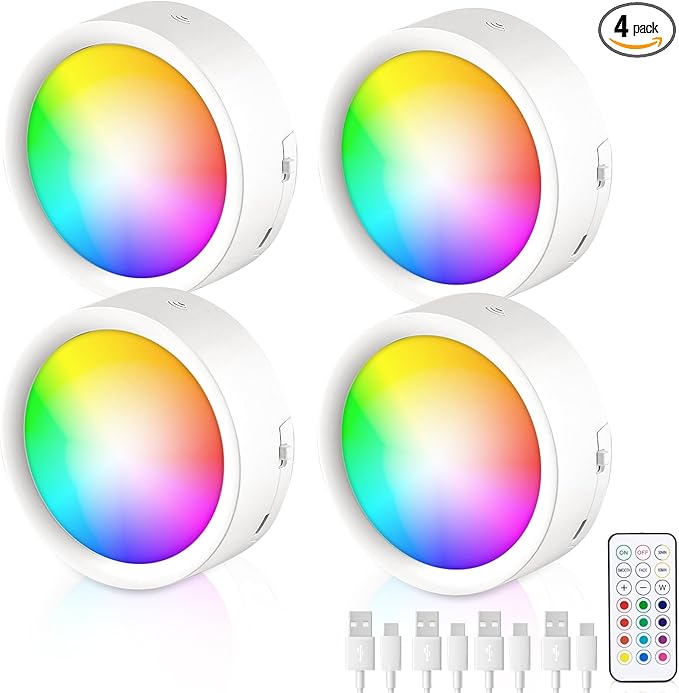 Remote Control LED Puck Lights, 4 Pack Rechargeable LED Under Counter Lights with Functional Remote Control, Wireless Under Kitchen Cabinet Lamp, Dimmable and Multi Colors Lighting