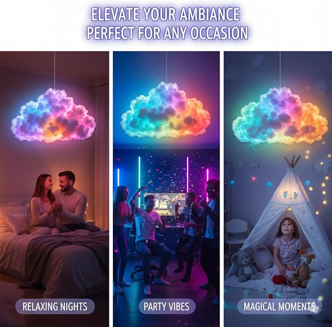DIY USB-Powered Thundercloud LED Light Decor, 3D Cloud Ambient Light Kit, LED Cloud Lamp with Music Rhythm & Multicolor Color-Changing USB LED Strip, Cool Things for Your Room (LED200cm)
