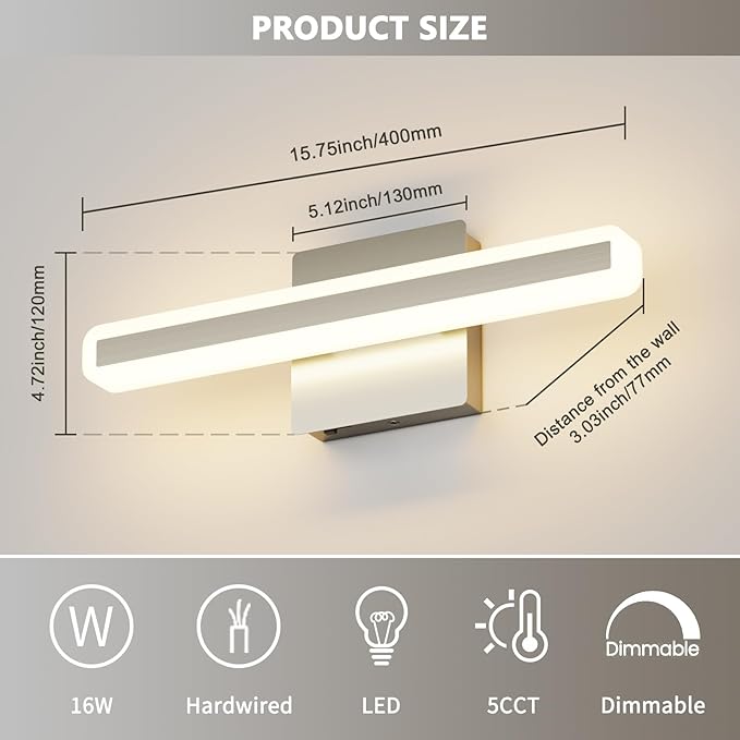 JUSHENG Brushed Nickel Vanity Lights for Bathroom, 5CCT Dimmable Vanity Light Bar, Modern LED Bathroom Lighting Fixtures Above Mirror 16'' Inch 16W