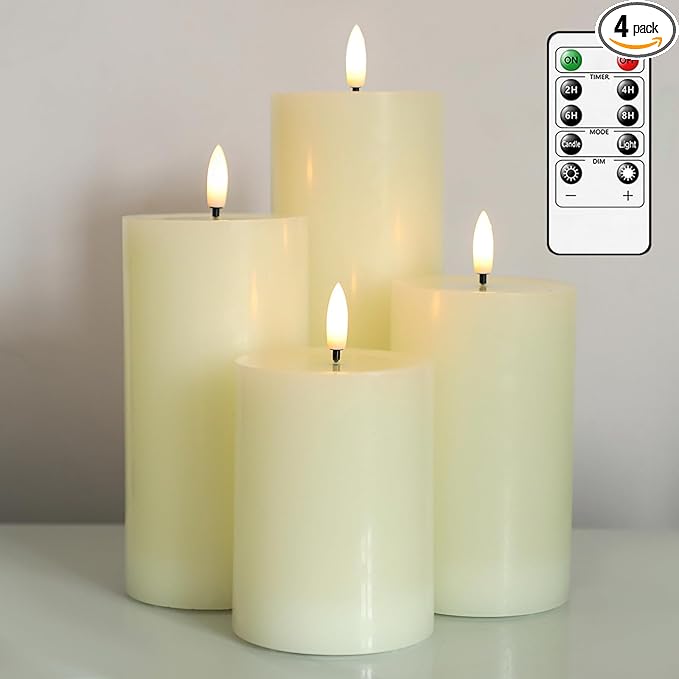 Lezonic Ivory LED Flameless Candles with Remote Timer, 4 Pack Battery Operated Candles Flickering, Grease Design Real Wax Pillar for Wedding Decor, Centerpiece, Birthday Gifts (4/5/6/8 Inch)