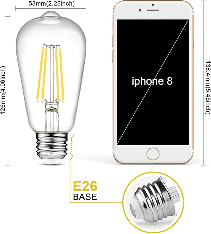 Ascher LED Edison Bulbs 6W, Equivalent 60W, High Brightness Cool White 4000K, 700 Lumens, ST58 Vintage LED Filament Bulbs with 80+ CRI, E26 Base, Non-Dimmable, Clear Glass, Pack of 8