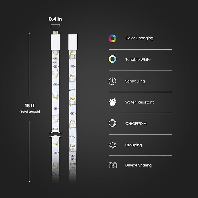 Feit Electric Smart Light Strip 16FT, Ultrathin RGBW Color Chasing LED Light Strip, 2.4GHz Wi-Fi Enabled, Works with Alexa and Google Home Assistant, Remote Control, (0.4in x 192in) TAPE192/CHASE/AG