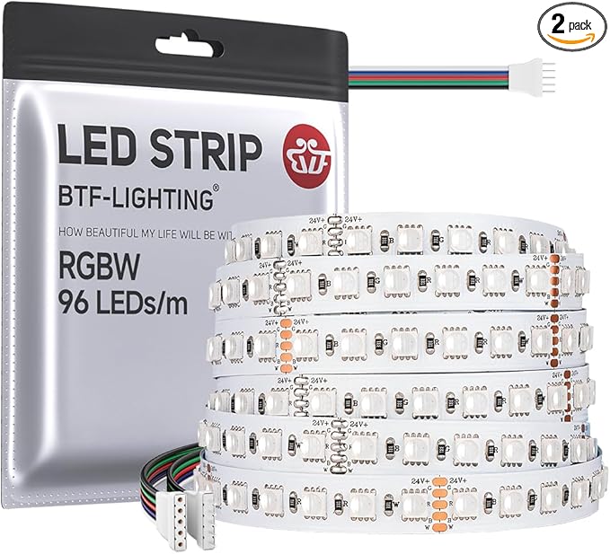 BTF-LIGHTING 5050 RGBW RGB+Cool White(6000K-7000K) 4 Colors in 1 LED 5m 16.4ft 96LED/m DC24V Multi-Colored LED Tape Lights IP30 Non-Waterproof Wihte PCB for Home Decoration(No Adapter or Controller)