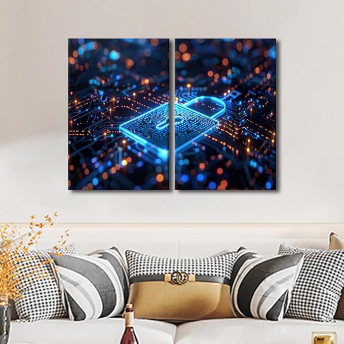 3 Pieces Security Lock Symbol Home Decor Wall Art AI Intelligence Paintings Pictures Artwork Home Decor for Living Room Giclee Framed Gallery-Wrapped Ready to Hang, 24" Wx16 H
