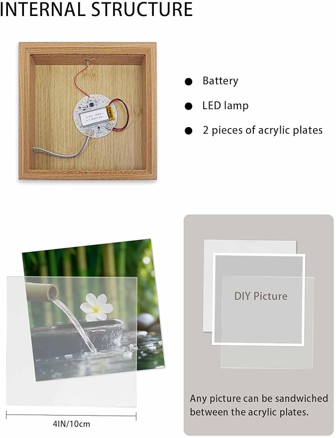 Wood Night Light Box 4.5x4.5in,Zen Meditation Plumeria Flower Table Lights Wooden Picture Frame with USB Rechargeable Touch LED Lights for Home Decor Desktop Display,Flowing Water Forest