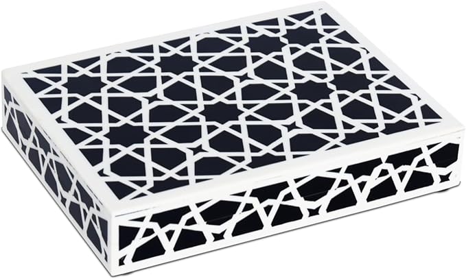 Handicrafts Home Decorative Storage Box with Lid, Black and White Moroccan Zellij Decorative Remote Control Box, Slim Coffee Table Storage Box for Shelf, Desk & Living Room Decor, Zellij 8 x 6 x 1.5