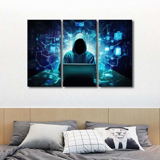 Hacker Malware Pictures for Home Wall Decor AI Big Data Wall Art on Canvas Hacker Paintings Giclee Artwork 3 Pieces Canvas Prints for Living Room Décor Stretched and Framed Ready to Hang, 42"Wx28"H