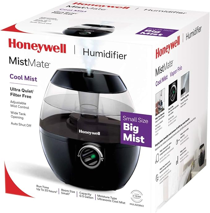 Honeywell HUL520B Mistmate Cool Mist Humidifier Black With Easy Fill Tank & Auto Shut-Off, For Small Room, Bedroom, Baby Room, Office