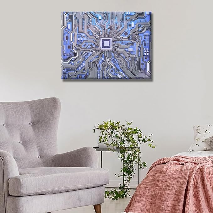 1 Piece Circuit Board Wall Decor for Living Room Computer Processors CPU Artwork Canvas Wall Art Posters and Prints Giclee Wooden Framed Gallery-Wrapped Ready to Hang 12X16 INCH