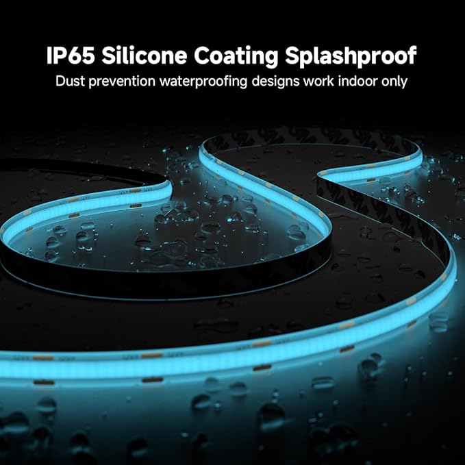 BTF-LIGHTING FCOB IP65 Waterproof Ice Blue Color COB LED Strip 16.4FT DC12V 480LED/m 8mm Width Flexible High Density CRI 90+ Dimmable LED Light for Home Indoor Decor(No Controller or Adapter)