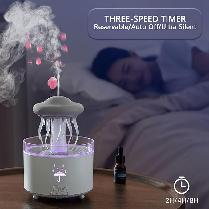 Rain Cloud Humidifier Water Drip, 300ML Rotating Jellyfish Aroma Diffuser with Remote &Timer, 7 Colors Mood Light Air Humidifier Raindrop Humidifiers for Bedroom Desk Funny Gift (White)
