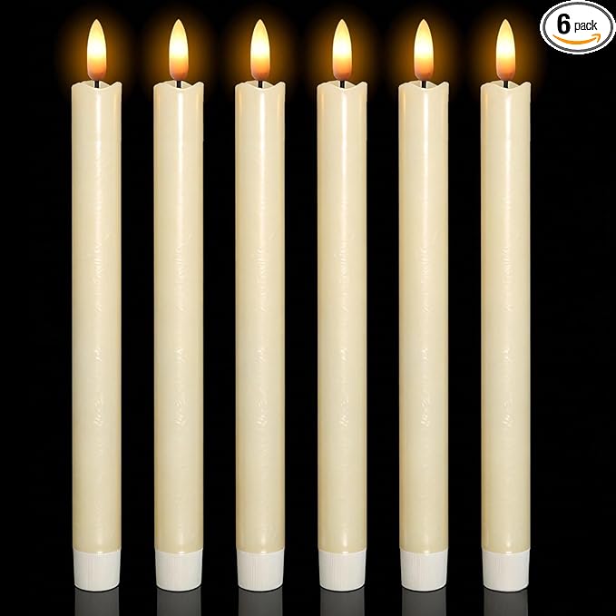 Wondise Ivory Flameless Taper Candles with Timer, 6 Pack Battery Operated LED Flickering 3D Flame Real Wax Candle, Halloween Christmas Thanksgiving Fireplace Decorations