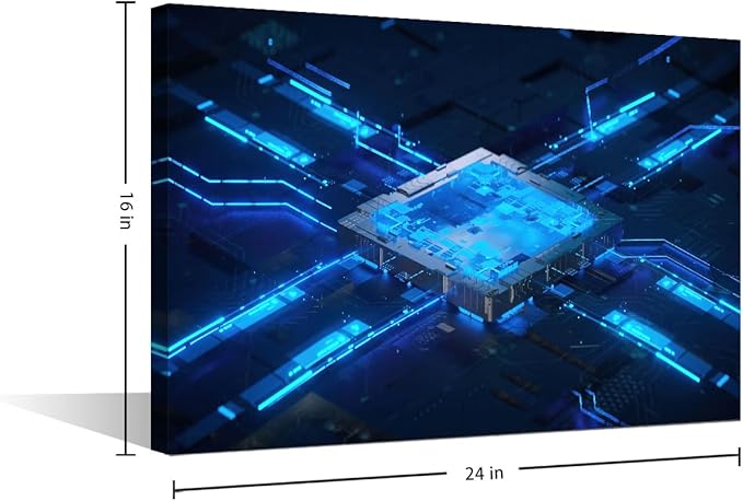 TUMOVO 1 Piece Canvas Wall Art for Bedroom Futuristic CPU Wall Art for Living Room Digital Chip Wall Art Decor CPU Concept Modern Artwork for Home Walls Giclee Framed Ready to Hang 24x16in
