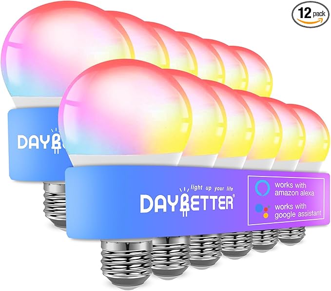 DAYBETTER Smart Light Bulbs, Alexa Light Bulb, WiFi Light Bulbs, RGBCW Color Changing Light Bulb A19 9W 800LM, Smart Bulbs That Work with Alexa & Google Assistant, Music Sync, No Hub Required, 12 Pack
