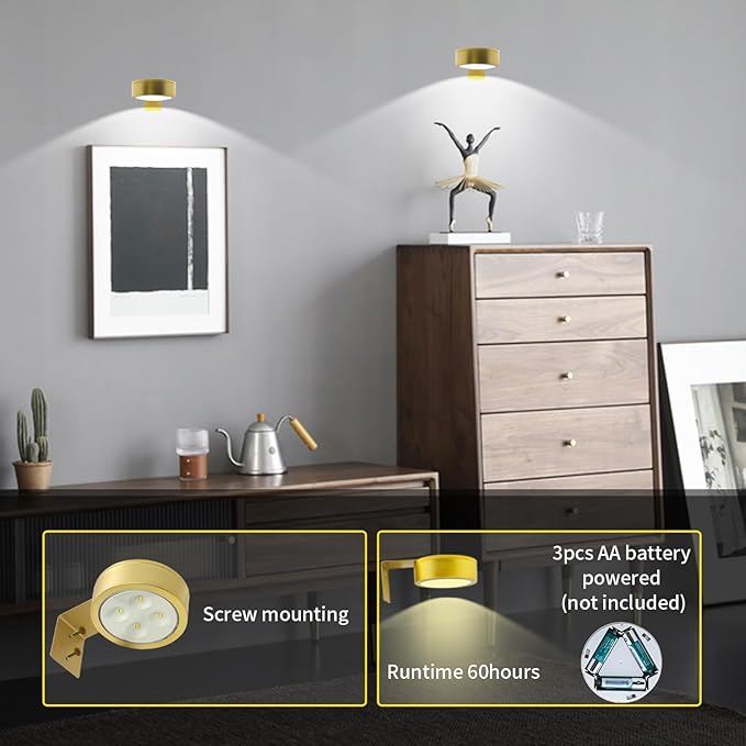 Battery Picture Light 3Pack Gold,Wireless Painting Light with Remote,3 Lighting&Dimmable,Wall Art for Painting Accent Light &Timer for Pictures Frames Gallery Potrait Magnetic