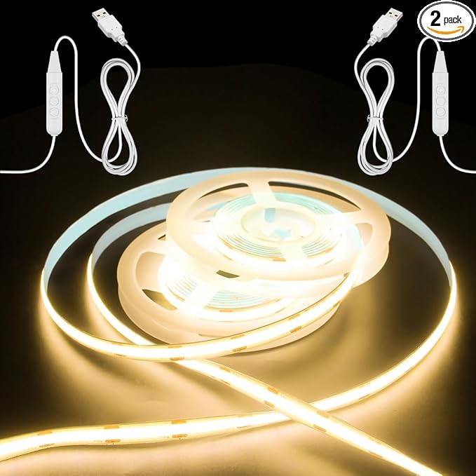 Aclorol COB LED Strip Light 5V USB Dimmable LED Strip Light 3000K Warm White 3.28FT Rope Lights Flexible and Cuttable for Bedroom Wardrobe Kitchen Cupboard Staircase Home DIY Lighting 320LEDs (2 PACK)