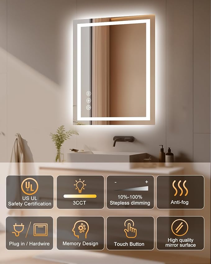 oneup 24x32'' LED Bathroom Mirror,Lighted Bathroom Mirror with Lights,Dimmable 3 Colors Temperature,Anti-Fog,Modern Vanity Mirrors for Wall,Touch Screen,Memory, Shatterproof
