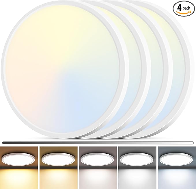 zemty 4Pack LED Flush Mount Ceiling Light, 12Inch 24W Dimmable Ceiling Lights Fixture, 5 Color Temperatures (3000K-6500K) White Round Ceiling Lamp for Bedroom, Kitchen, Hallway,Bathroom