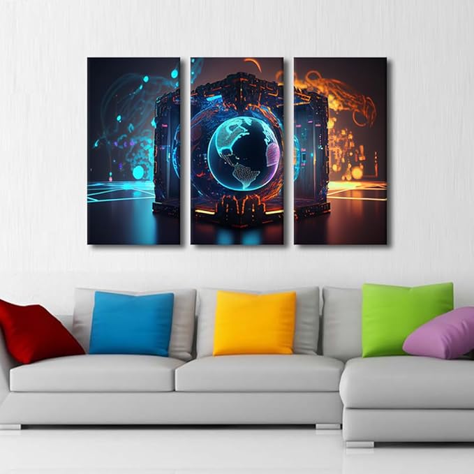 3 Panels Concept Pictures Print On Canvas Wall Art for Home Hotel Decoration, Cyber Space 3D Wall Art Framed Wall Art Neon Artwork Giclee Wooden Framed Ready to Hang, 36" Wx24 H