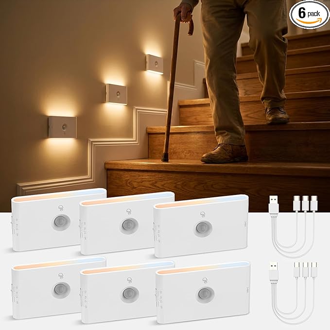 wowatt Rechargeable Motion Sensor Stair Light, White Night Lights with Magnetic Mount, Dimmable Stair Lights Indoor for Stairway, Hallway, Kitchen, Bathroom(6 Packs)