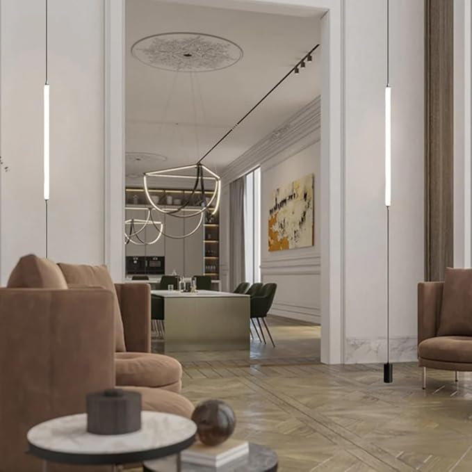 Black Linear LED Pendant Floor to Ceiling Lamp Modern Minimalist Bedside Pendant Light Long Strip Hanging Lamp for Bedroom Living Room Corner - Hardwierd