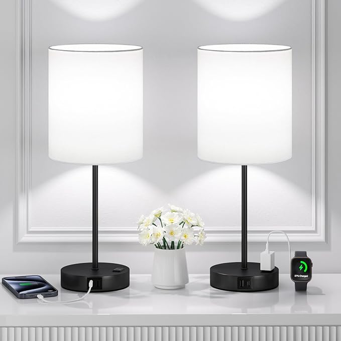 White and Black Lamps for Nightstand Set of 2 - Bedside Table Lamp for Bedroom with Dual USB Ports & AC Outlet, 3-Way Dimmable Lamps for Living Room Boys Room, Night Light with 5000K Daylight Bulbs