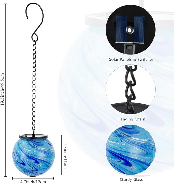 Solar Hanging Lanterns Outdoor, Solar Gazing Ball Lights, Waterproof Hanging Glass Light for Garden Yard Tree Home Xmas Decoration, Blue Swirl