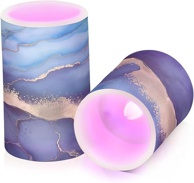 YETTASBIN Blue Marble Flameless Candles with Remote Control and Timer, Adjustable Brightness Long Lasting Battery Operated LED Pillar Candles for Indoor Outdoor Party Holiday Home Decor, 2 Pack