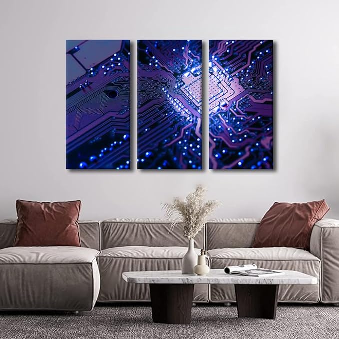 Wall Art Circuit Board 3 Pieces CPU Concept Posters and Prints Bedroom Decor Canvas Wall Art Computer Processors CPU Paintings Giclee Wooden Framed Gallery-Wrapped Ready to Hang(24" Wx36 H)