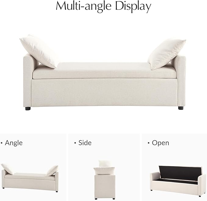 59.5" Modern Storage Ottoman Bedroom Bench, End of Bed Bench with Arms and Throw Pillows, Footrest Stool for Living Room, Dining Room, Entryway and Hallway, Linen