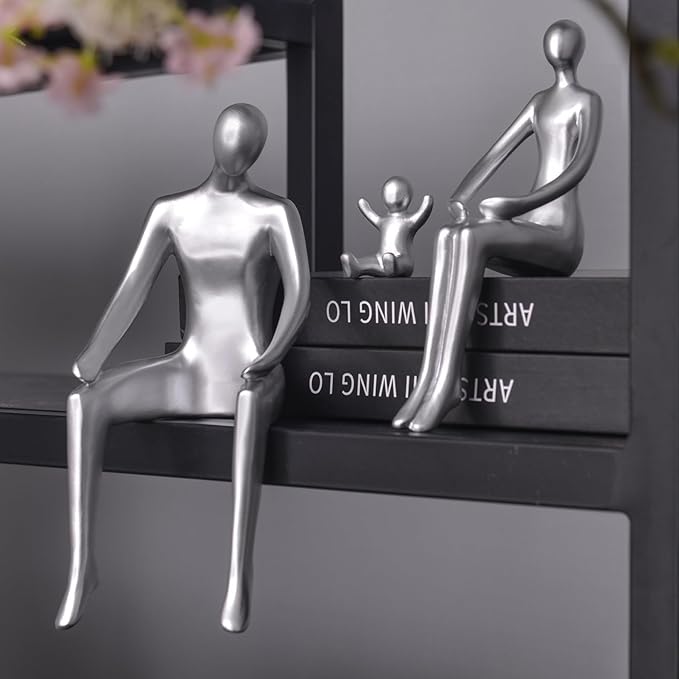 Quoowiit Bookshelf Decor Family Statue, Abstract Miniature Figurines Home Decor, Modern Aesthetic Shelf Decorations for Office Desk Table Desk Living Room Book Shelf Bedroom Entry Set of 3 - Silver