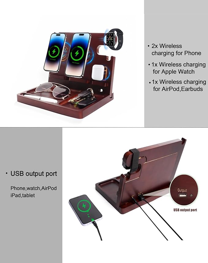 Nightstand Organizer with Dual Phone Wireless Charging Station for 2 iPhone,Apple Watch and Airpods,Bamboo Phone Docking Station,Gifts for Men Dad Husband