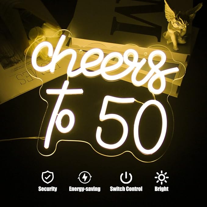 Cheers to 50 Neon Sign Happy 50th Birthday LED Signs for Wall Decor Warm White Neon Light Sign Letter Neon light Cheers to 50 Years Neon Signs for Bedroom Bar Birthday Wedding Party Decor
