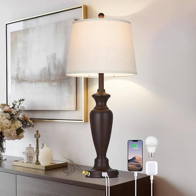 30" Tall Brown Table Lamp for Living Room, 3-Way Dimmable Touch Control Bedside Lamp for Bedroom Nightstand with USB A+C Ports & AC Outlet (1 Pack)
