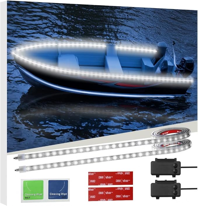 Battery Operated Marine Submersible Boat Lights Strip, 2 Pcs 4FT 9V IP68 Waterproof White Kayak Paddle Board Lights, Boat Interior Deck Courtesy Gunnel Cabin Light for Fishing Pontoon Canoe Golf Cart