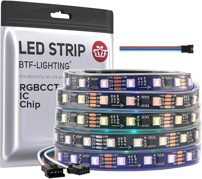BTF-LIGHTING WS2805 IC RGBCCT Addressable Dual Data LED Strip 5050SMD 16.4FT 60LED/m 20Pixel/m 5 Colors in 1 Chasing Color RGB+CCT 3000K-6500K Lights Strip IP67 DC12V(No Adapter or Controller)