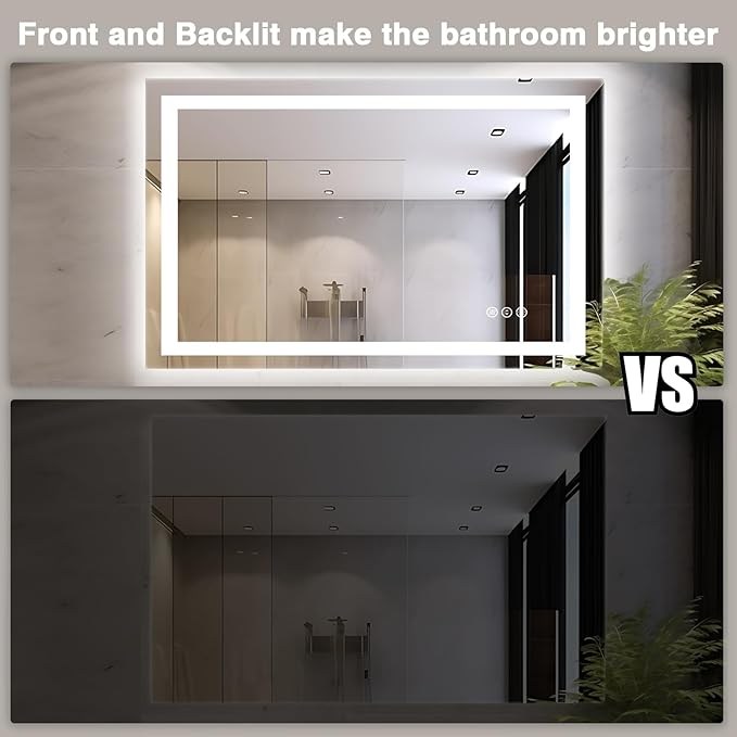 48"x32" LED Bathroom Mirrors for Wall, Front and Backlit Mirror, Anti-Fog Vanity Mirror with Lights, Stepless 3 Colors Dimmable Lighted Mirror(Horizontal/Vertical)